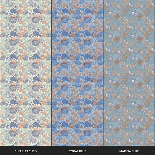 Colorway samples of Jelly Reef wallpaper in Sun Bleached, Coastal Blue, and Marina Blue.