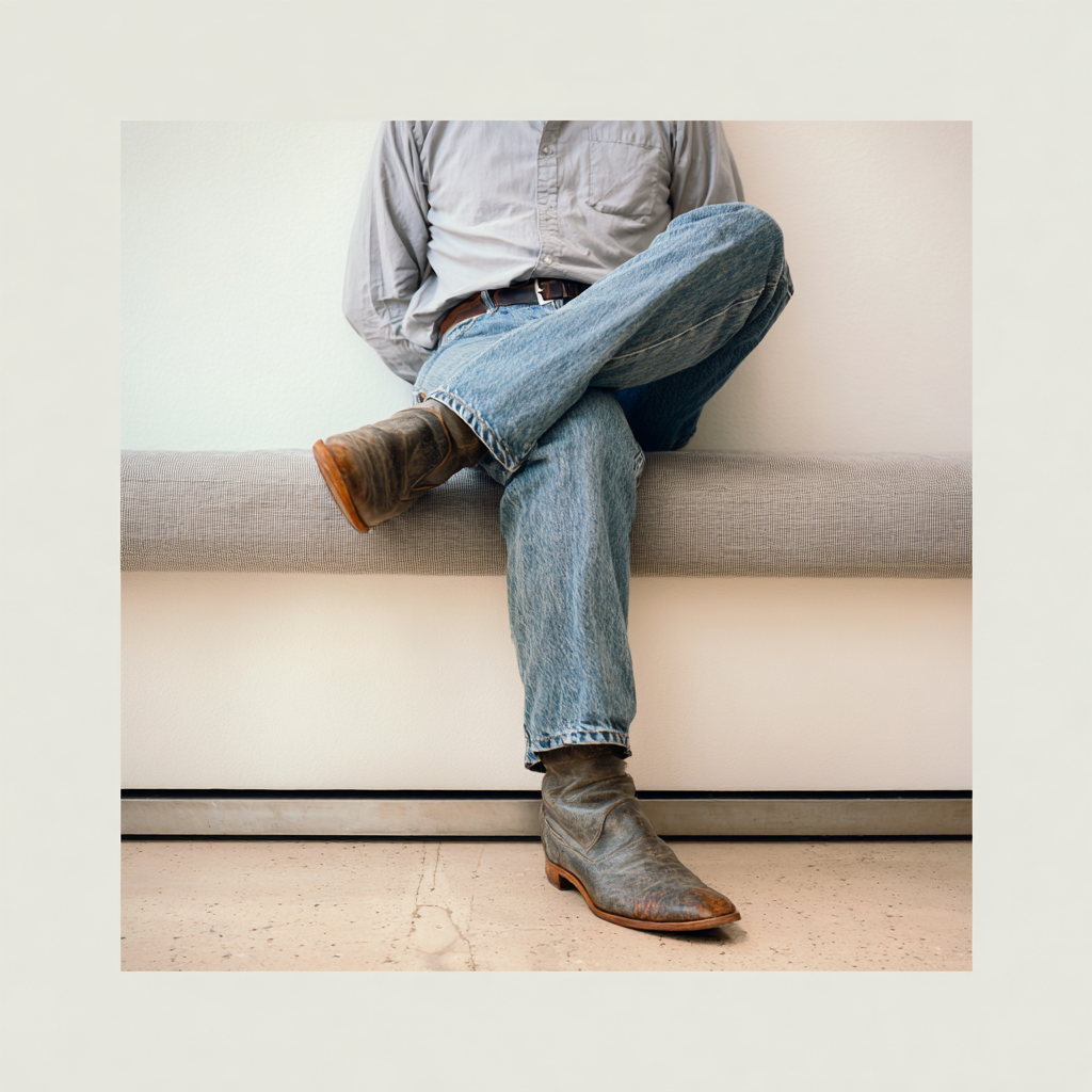 3D Source Artwork - Cowboy in faded denim and worn western boots seated on a bench