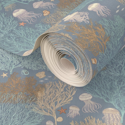 Intricate design detail of jellyfish amidst coral in the deep Marina Blue colorway.