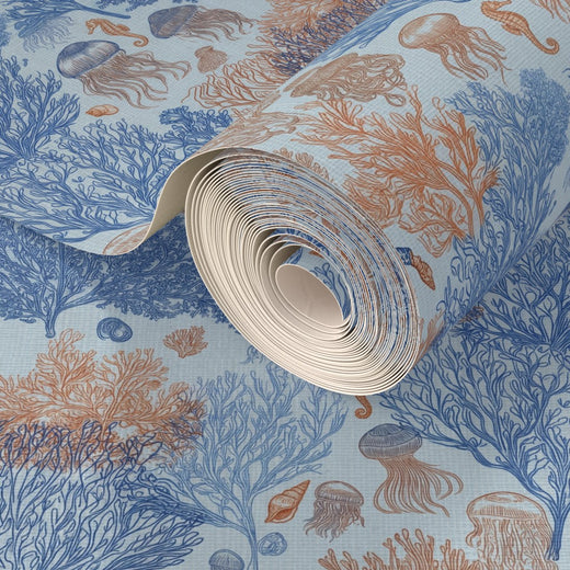 Close-up detail of jellyfish and coral pattern in the luminous Coastal Blue colorway.