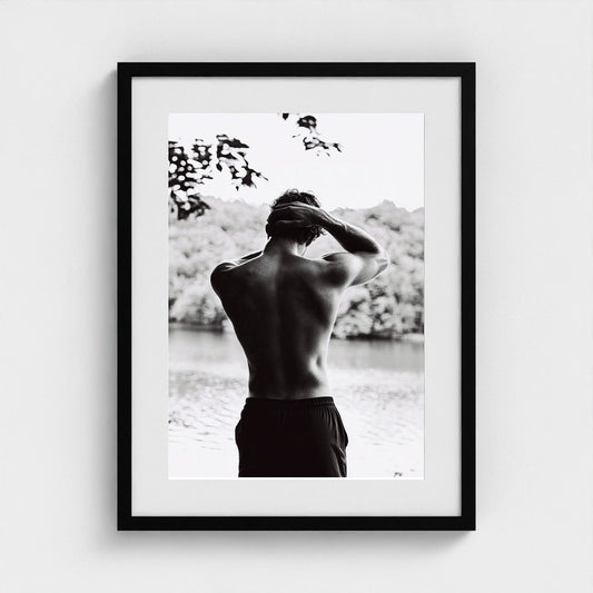 Contemplative Lakeside Back Portrait in Monochrome