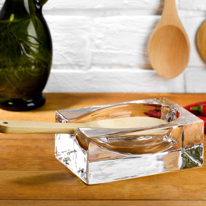 NUDE Glass Cruet Spoon Rest styled on a contemporary kitchen countertop