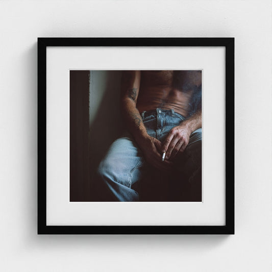 Tattooed Male Torso in Contemplative Denim Portrait