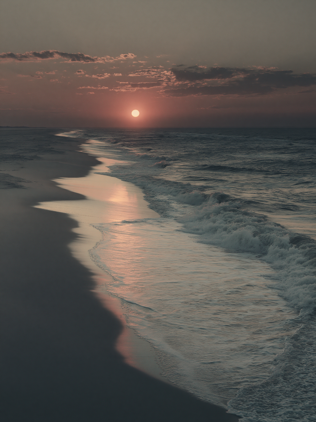 3D Source Artwork - Fire Island Sunset with pink sun and waves along the shore