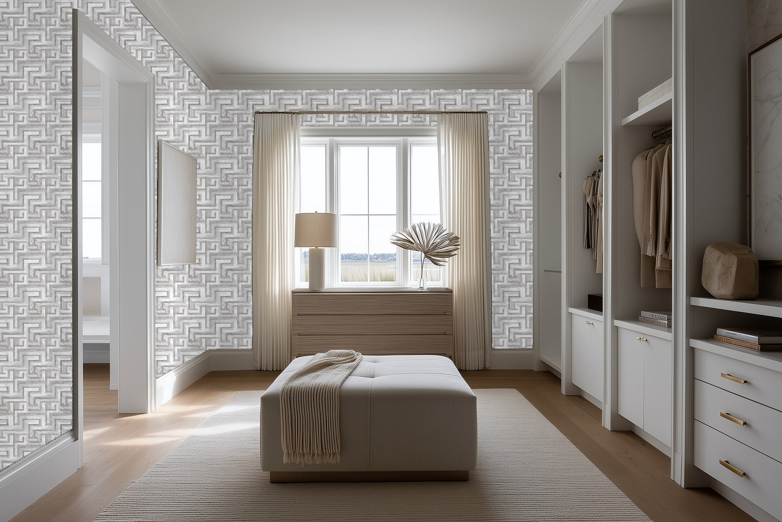 Walk-in closet featuring Greek Key Meander Gray marble wallpaper