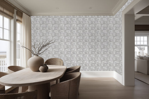 Dining room walls decorated with Greek Key Meander Gray wallpaper