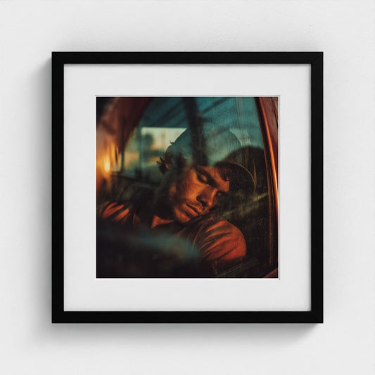Sleeping Man in Car Window, Contemplative Amber Light