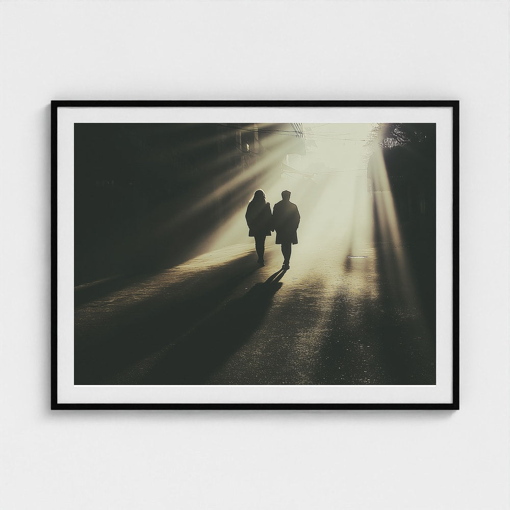 Silhouetted Couple in Dramatic Urban Sunlight Print