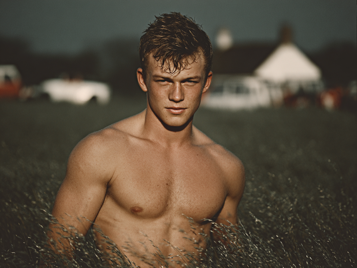 3D Source Artwork - Harvest sunlit male portrait standing in a field