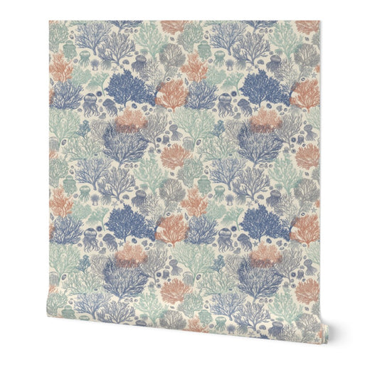 A single roll of Jelly Reef wallpaper in Sun Bleached, showcasing a warm neutral underwater pattern.