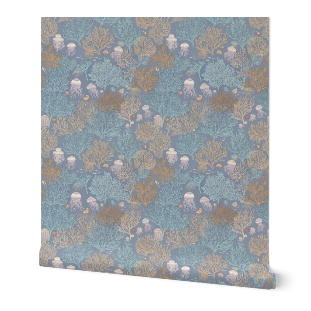 A single roll of Jelly Reef wallpaper in Marina Blue, showcasing deep oceanic blue-grey tones.