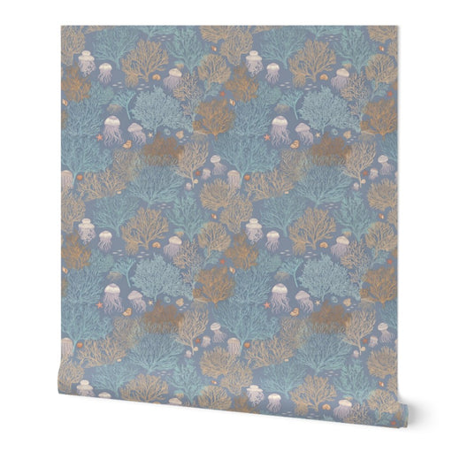 A single roll of Jelly Reef wallpaper in Marina Blue, showcasing deep oceanic blue-grey tones.