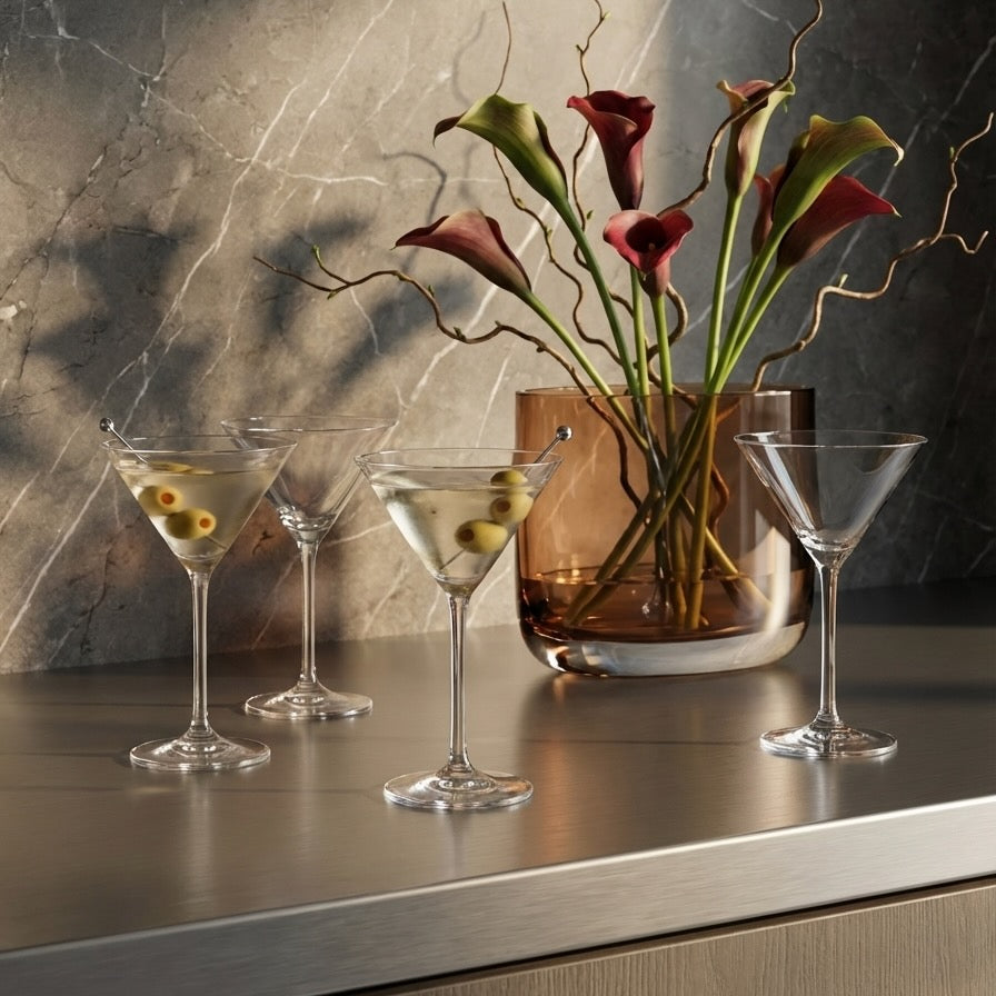 Two elegant NUDE Bar/Giani crystal martini glasses designed by Giorgio Bargiani.