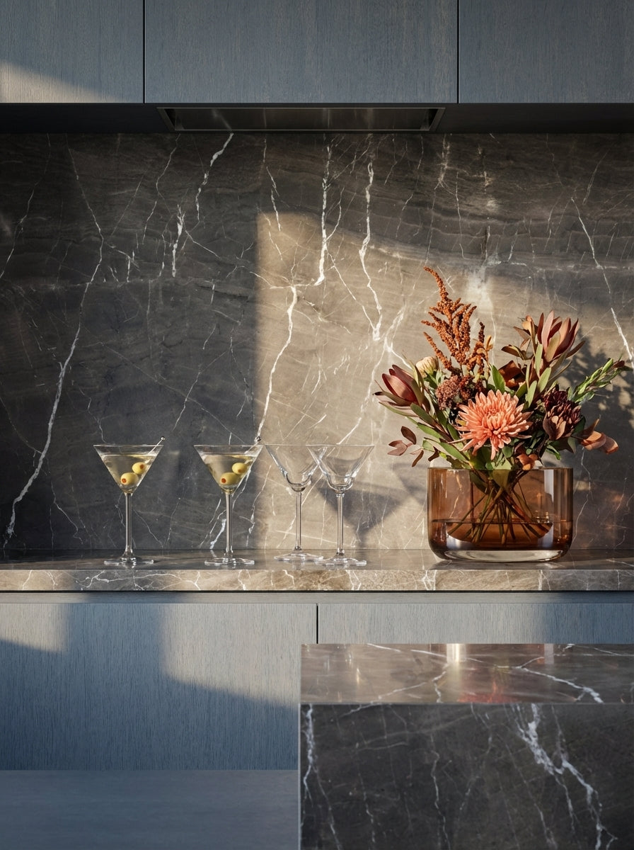 Close-up view highlighting the sleek, wide silhouette and copper tone of the glass bowl.