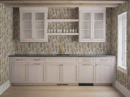 Close-up detail of the textured Daddy Hunt wallpaper in the Sand palette.