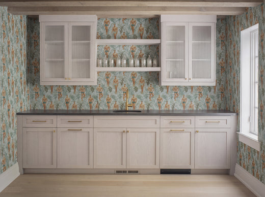 Spacious luxury lounge mockup with the Blu wallpaper installation.