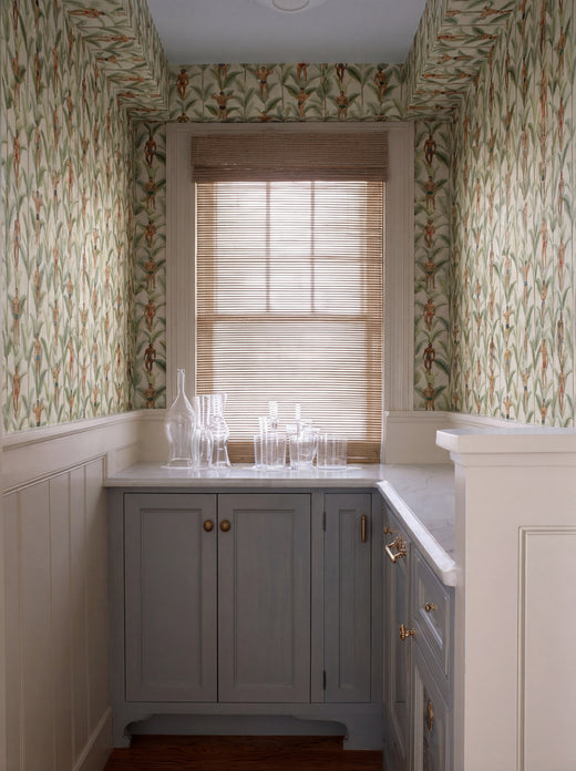 Palm Beach Apollo wallpaper in a sophisticated coastal-inspired bedroom setting.