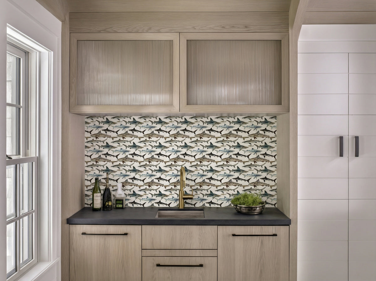 Close up detail of Watercolor Sharks Wallpaper | Provenance & Patina