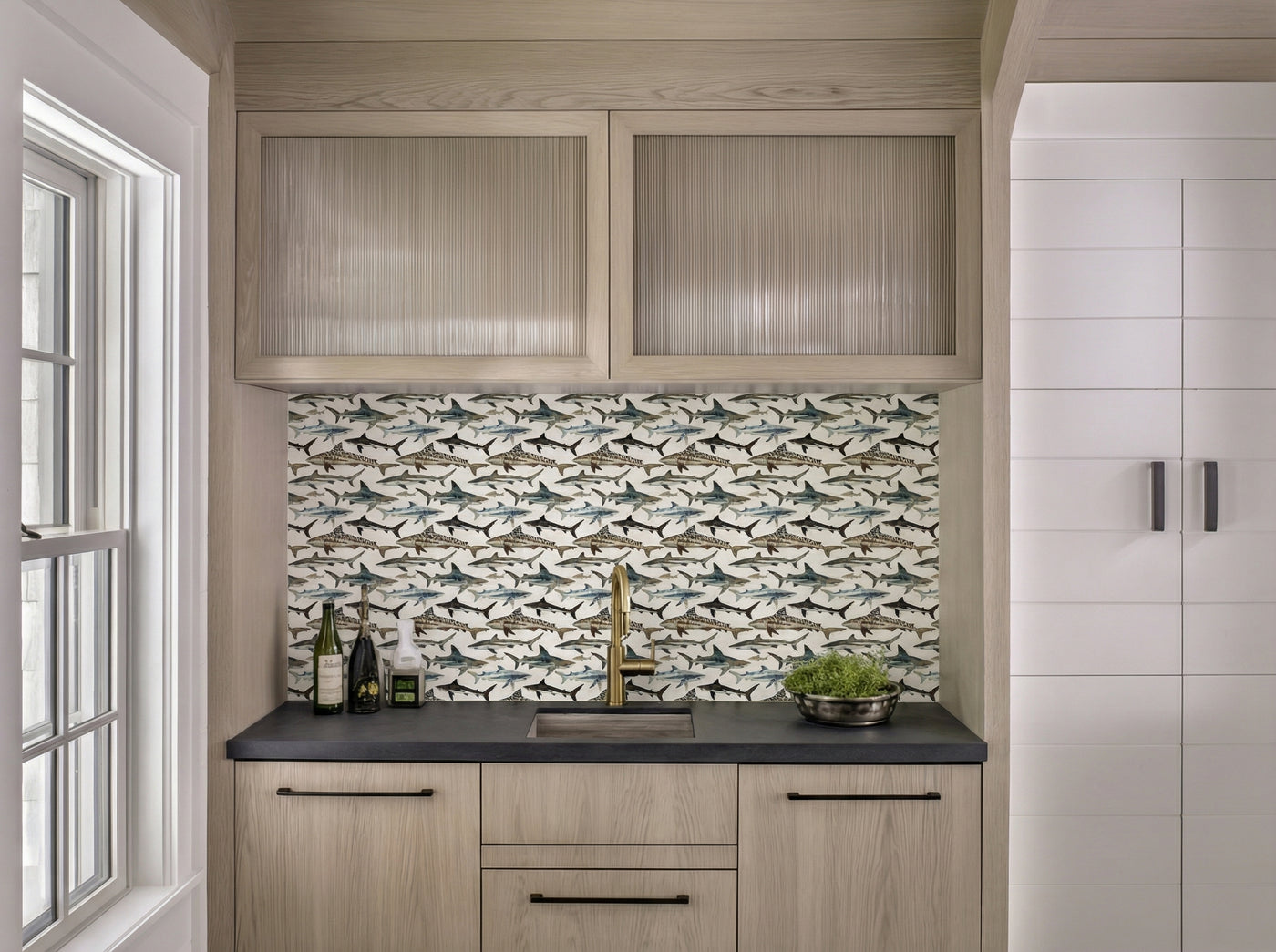 Close up detail of Watercolor Sharks Wallpaper | Provenance & Patina