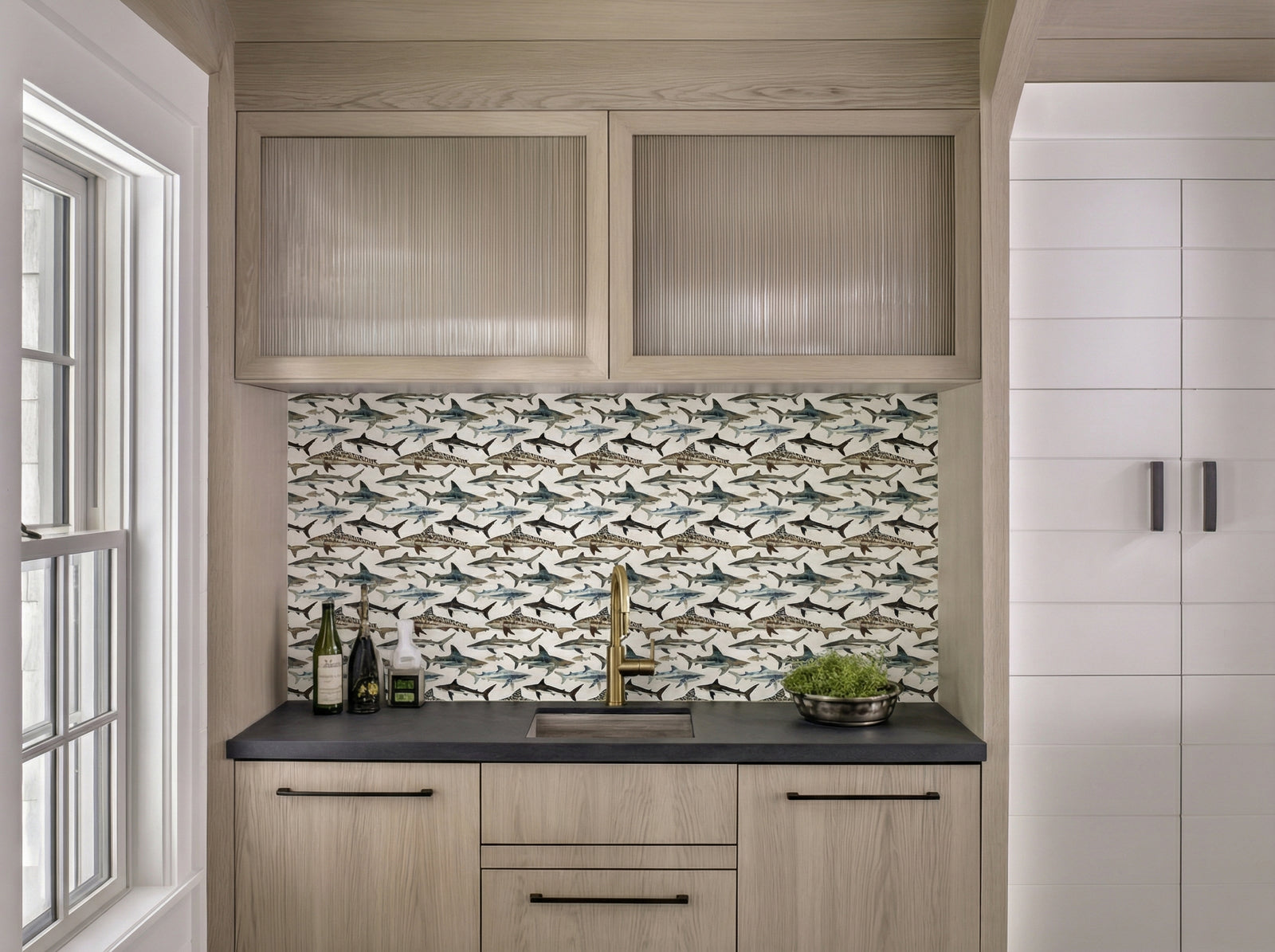 Close up detail of Watercolor Sharks Wallpaper | Provenance & Patina
