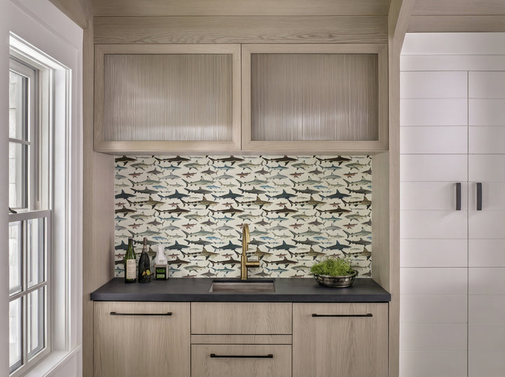 Close up detail of Sea of Sharks Wallpaper | Provenance & Patina