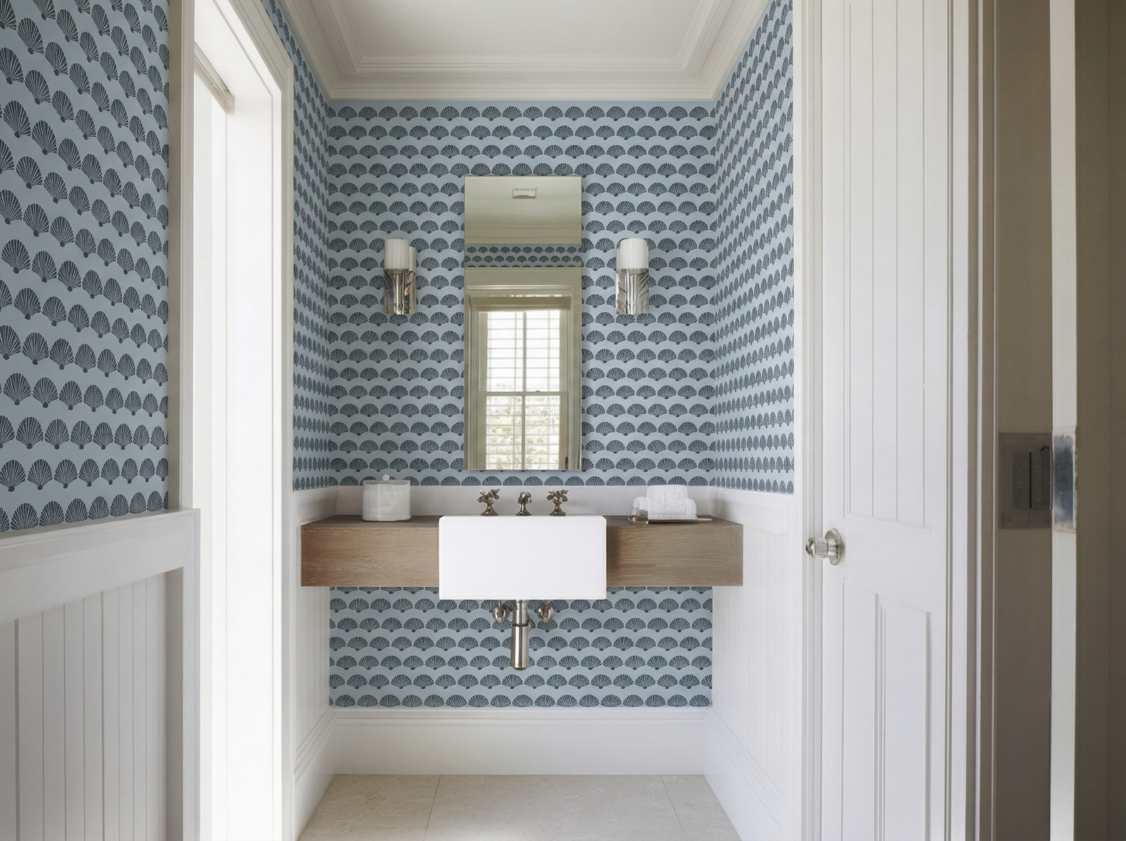 Close-up detail of the modern geometric scallop pattern in a soft beige hue.