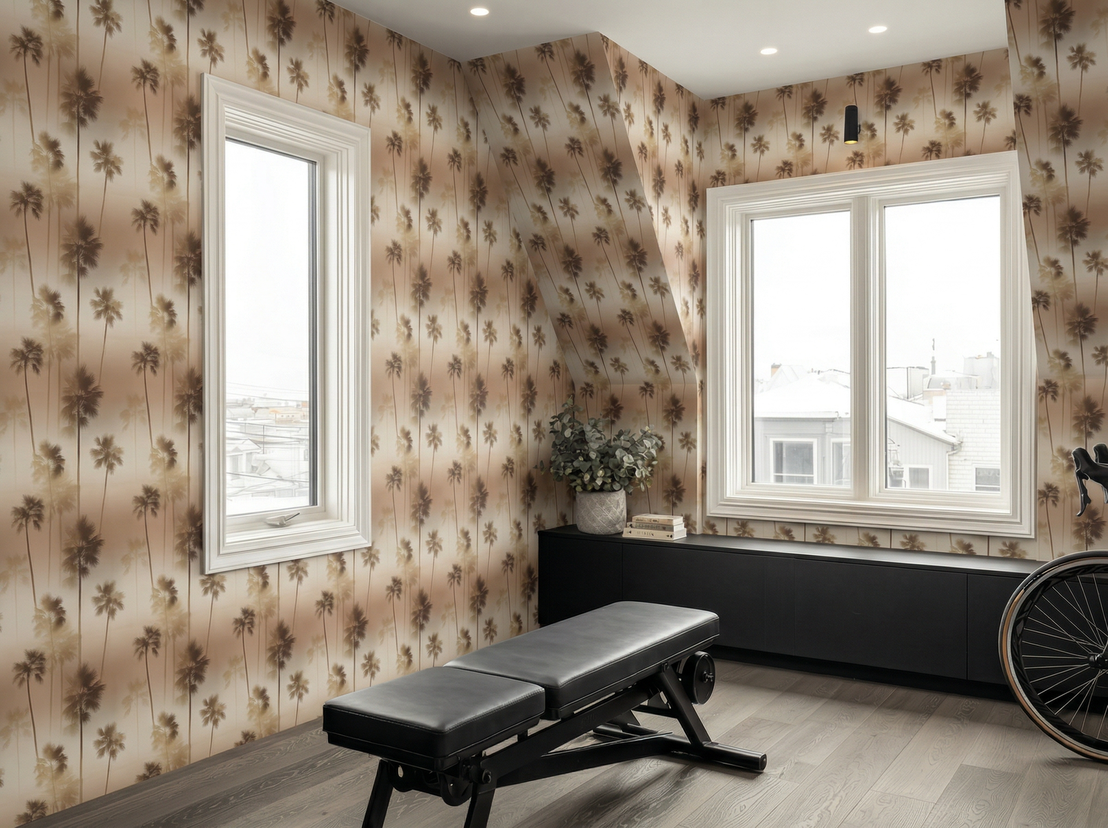 Coastal bedroom interior featuring the large-scale Golden palm tree wallpaper design.