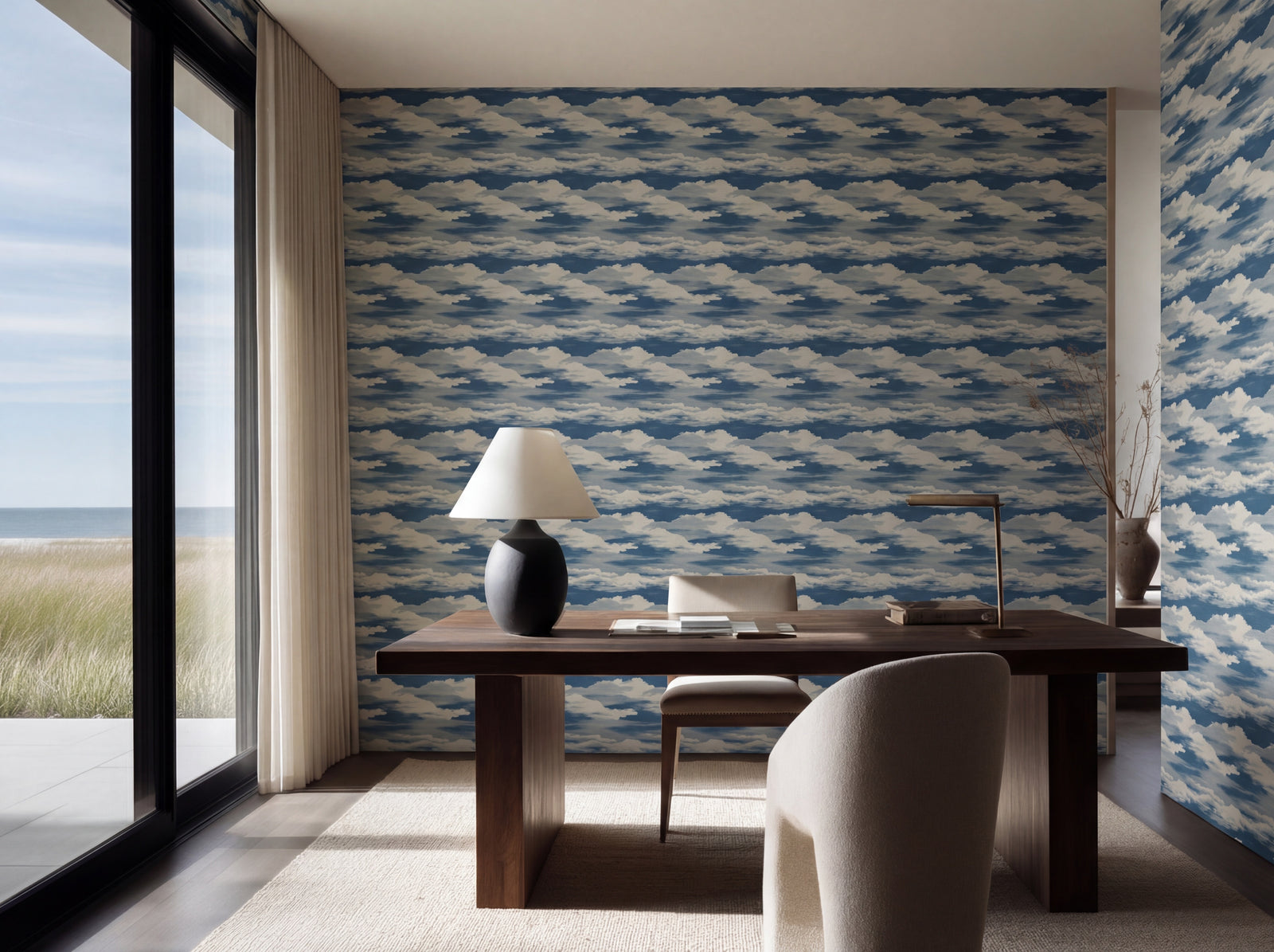Moonlit Clouds wallpaper styled on an elegant nursery ceiling.