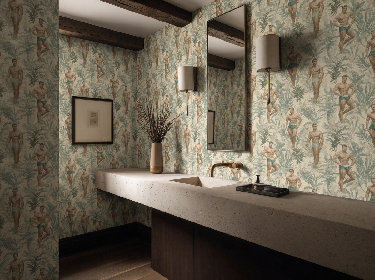 Elegant bedroom mockup featuring the Sand colorway of the Daddy Hunt wallpaper.