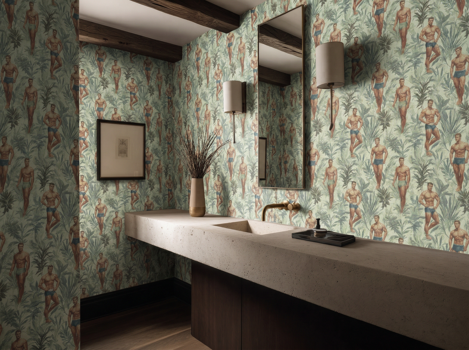 Curated modern dining room featuring the green Palm colorway wallpaper.