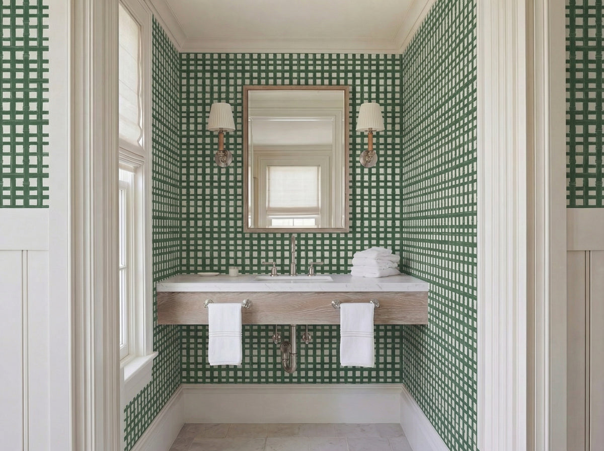 Bamboo Screen woven wallpaper installed in a bright, coastal-style dining room.