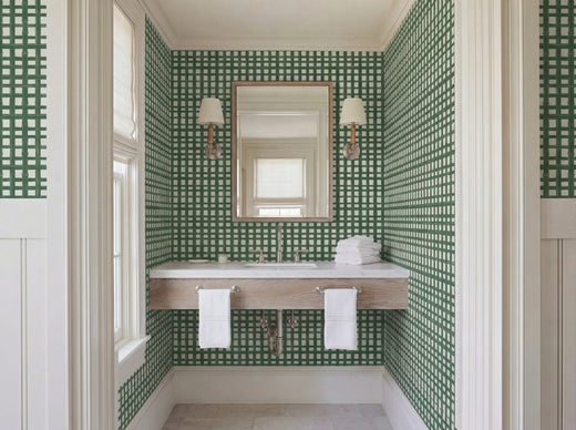 Bamboo Screen woven wallpaper installed in a bright, coastal-style dining room.