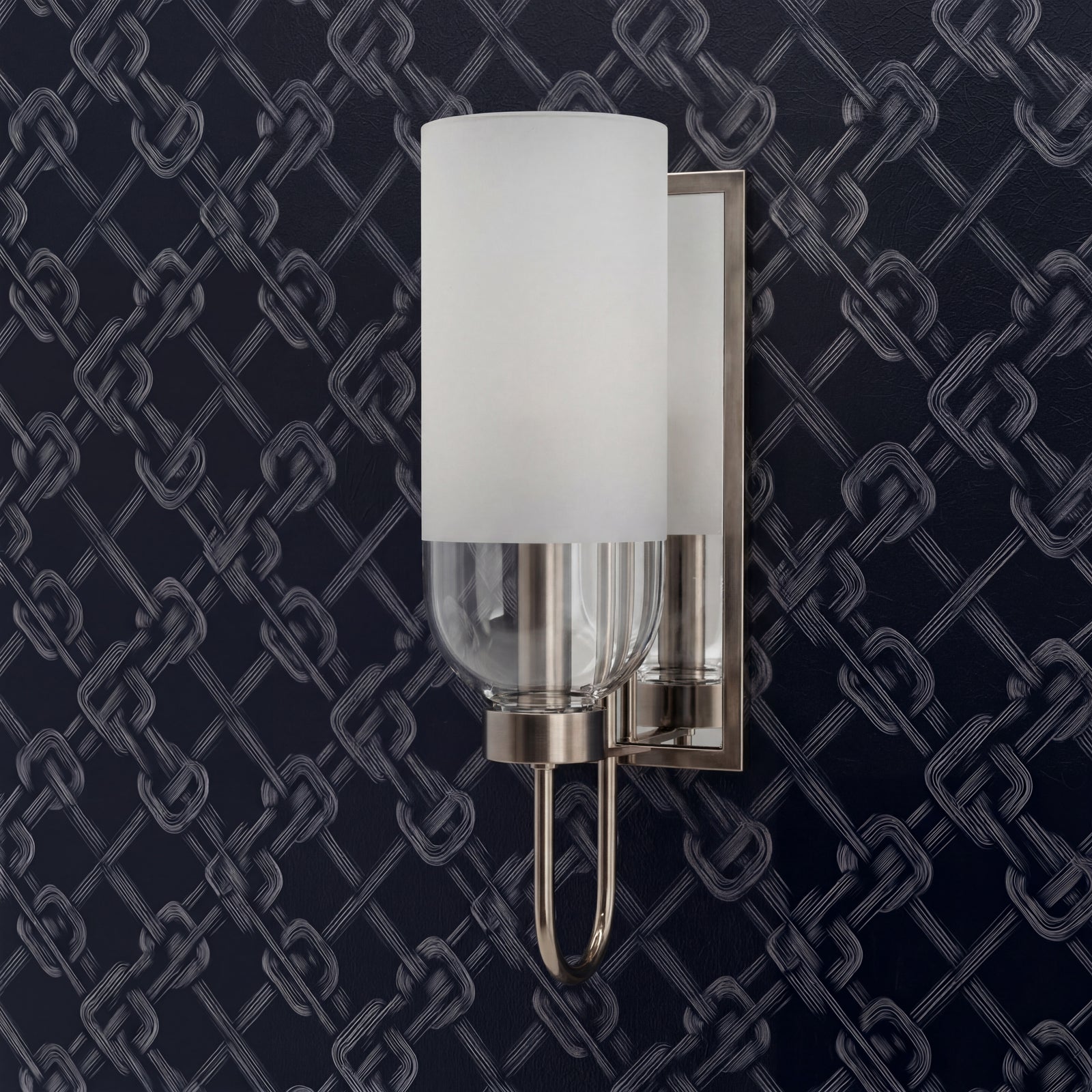 Navy Carrick Knot wallpaper installed in a refined contemporary hallway.
