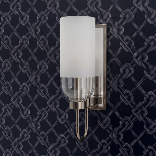 Navy Carrick Knot wallpaper installed in a refined contemporary hallway.
