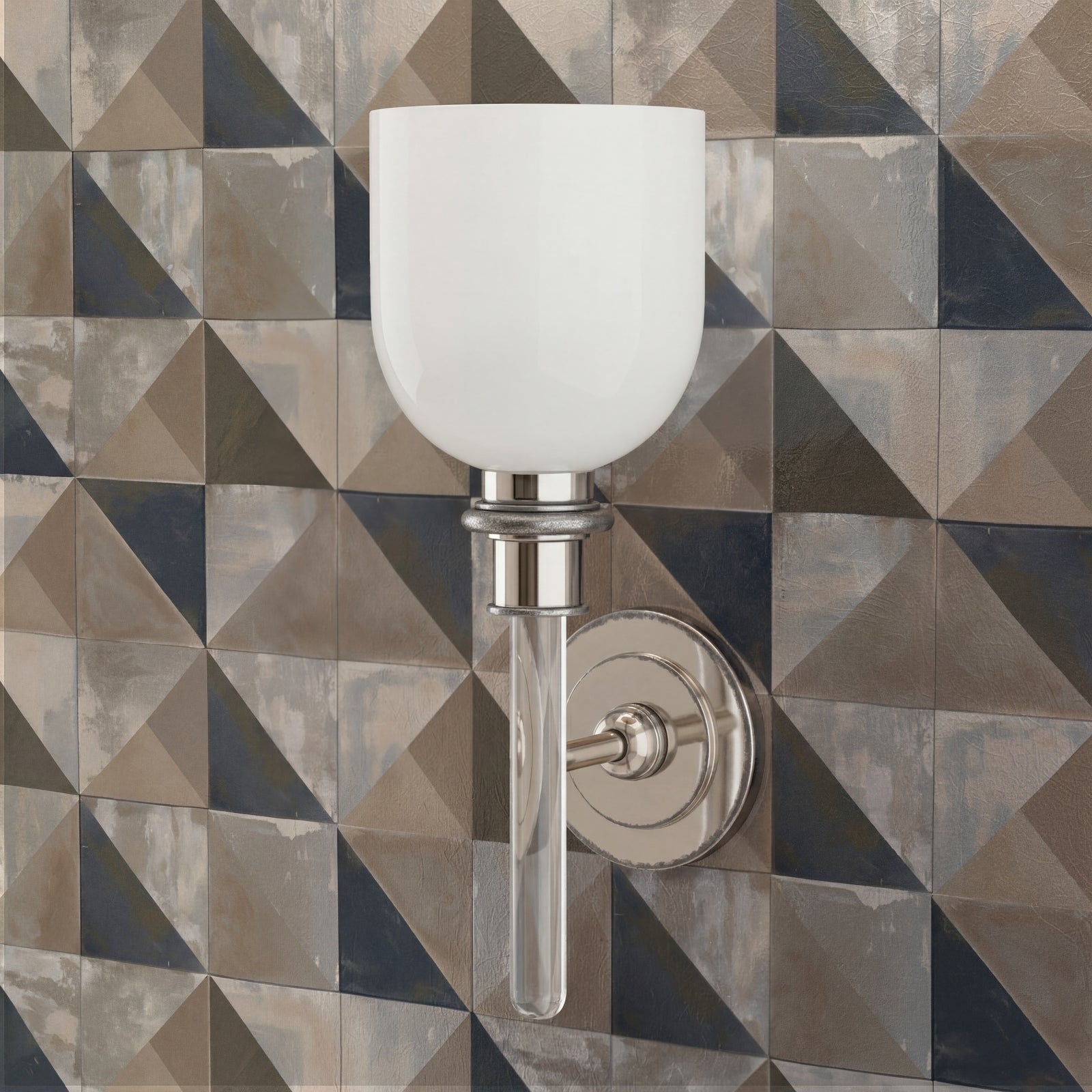 Prism Patina wallpaper in a refined study setting, showcasing the subtle architectural panel structure.