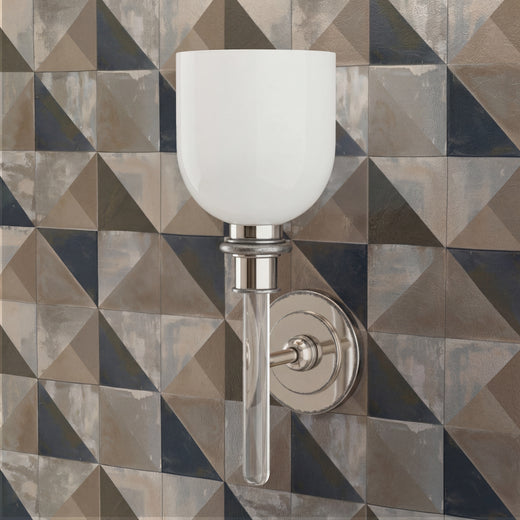 Prism Patina wallpaper in a refined study setting, showcasing the subtle architectural panel structure.
