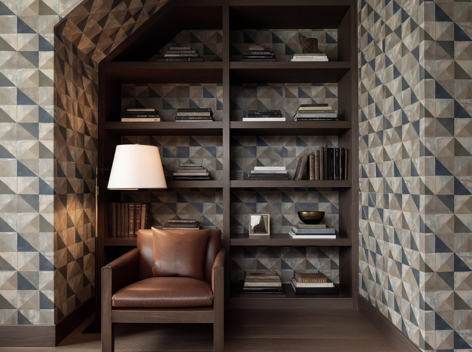 Modernist geometric wallpaper with offset panels in layered earth tones and a textured patina finish.