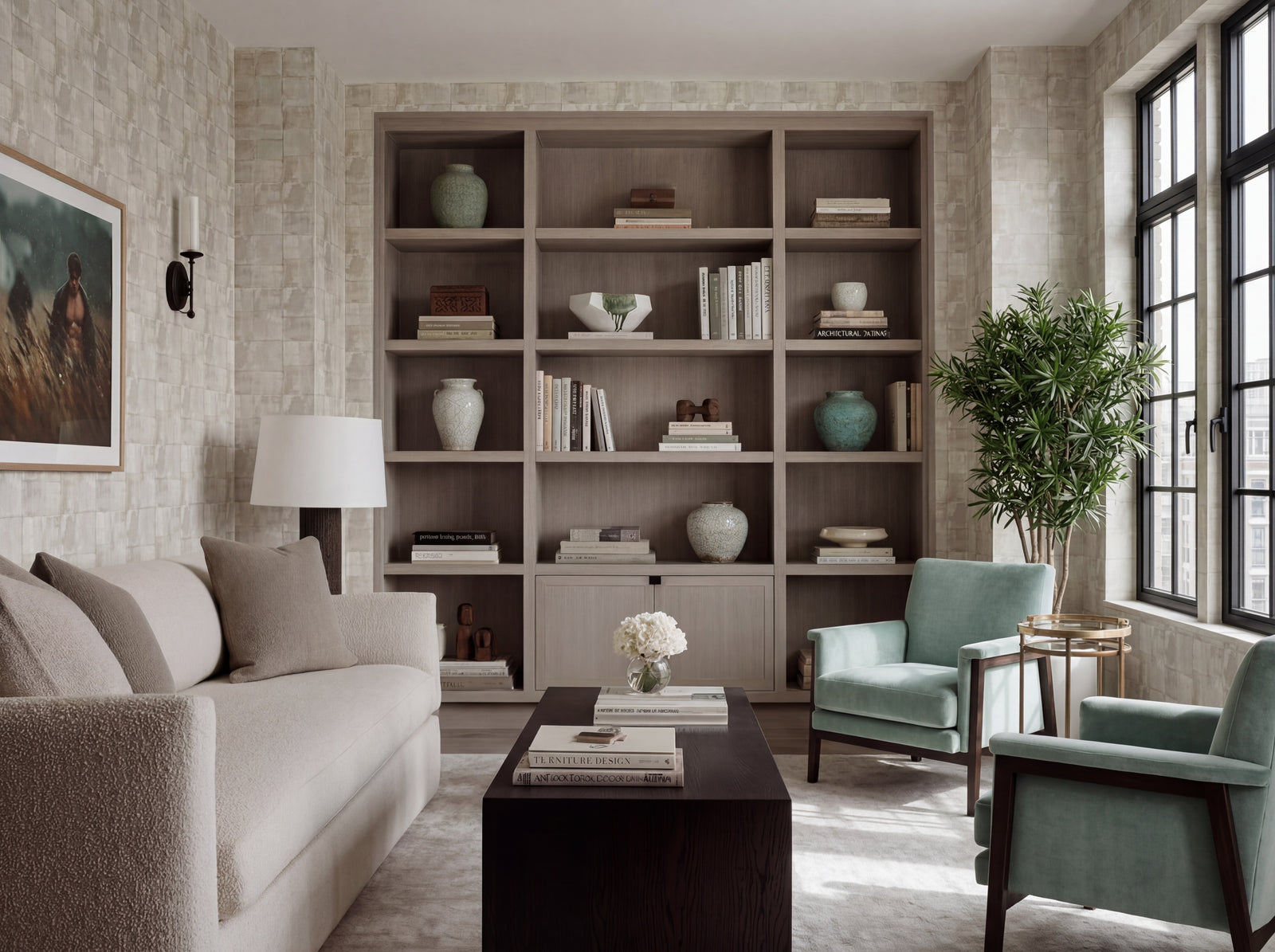 Alternate view of Matte Limewash Panel Grid Wallpaper | Provenance & Patina