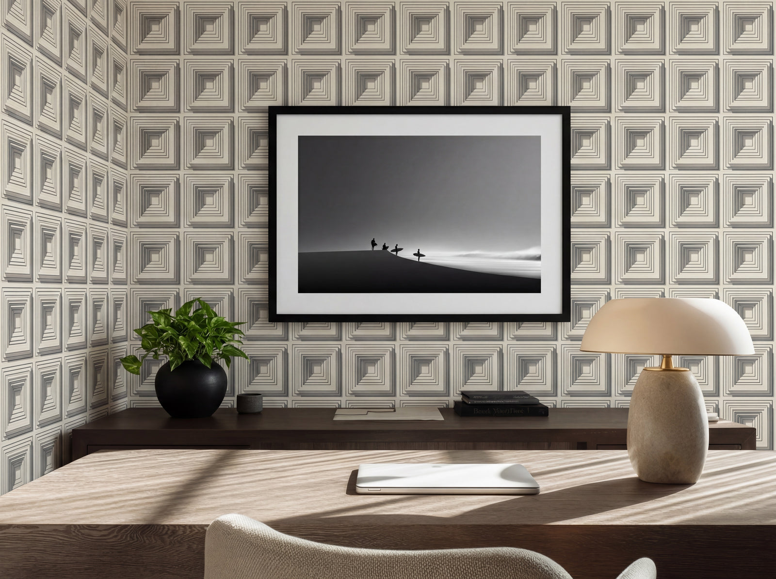 Kahn-inspired concrete block patterned wallpaper in a contemporary living space