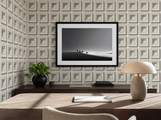 Kahn-inspired concrete block patterned wallpaper in a contemporary living space