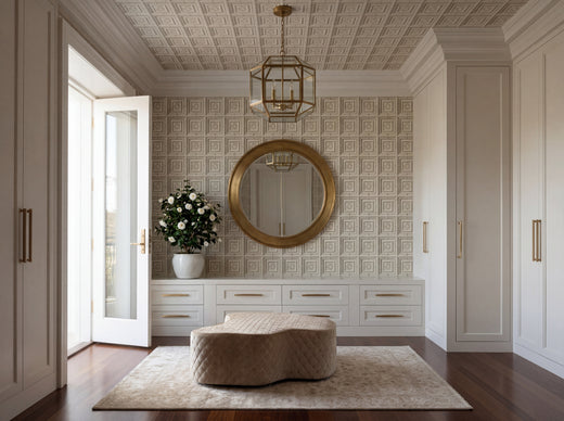 Neoclassical ceiling medallion pattern wallpaper in a warm ivory palette, styled in an elegant dining room.