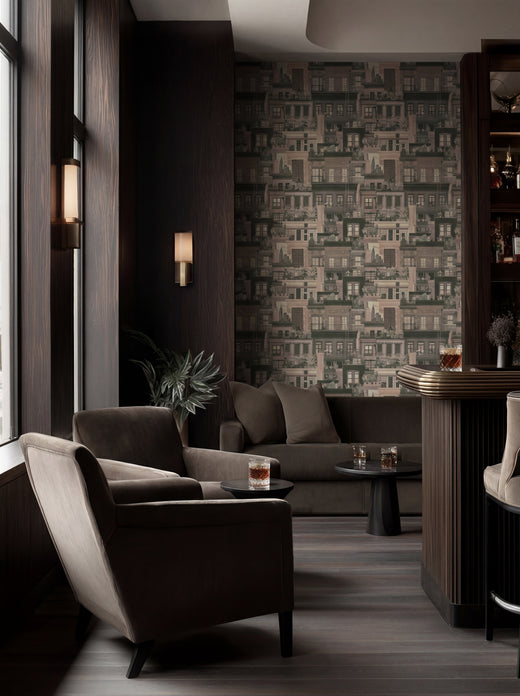 Stylized West Village Rooftops wallpaper in Beige on a living room accent wall.