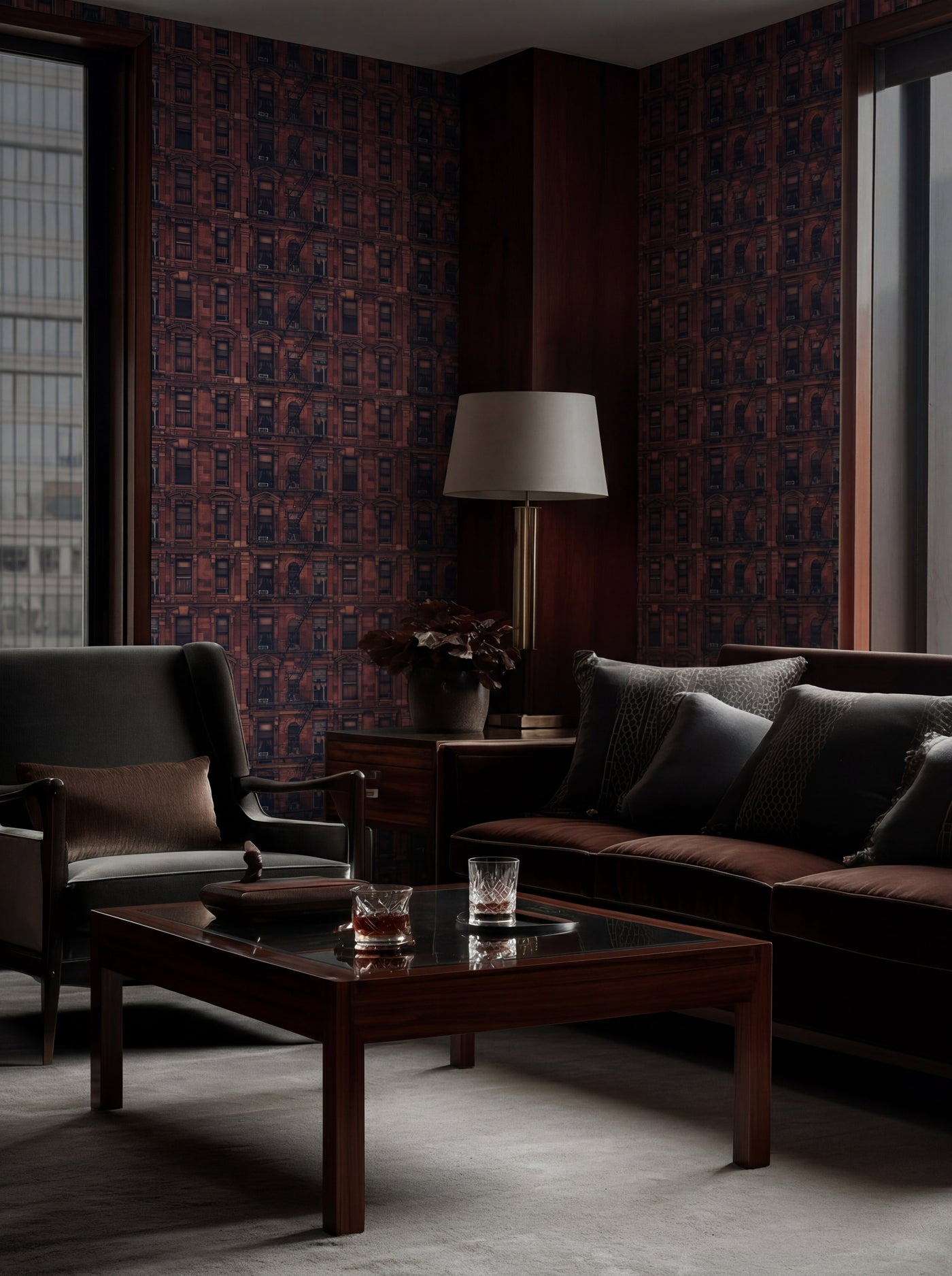 Waverly Place wallpaper in rich oxblood red displayed in a classic interior setting