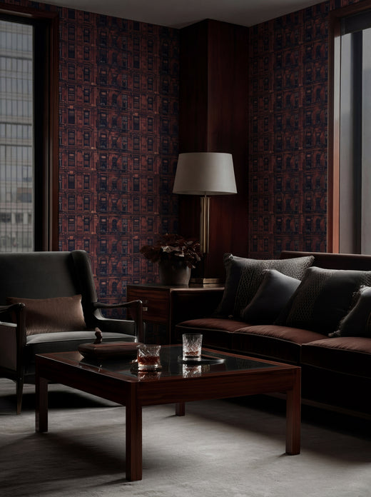 Waverly Place wallpaper in rich oxblood red displayed in a classic interior setting