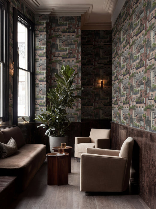Red Brick Planted Terraces wallpaper installed in a warm, architectural dining space.