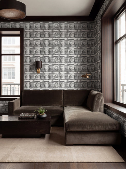 Close-up of the woven texture and organic fiber details of the Greenwich Village grasscloth wallpaper.