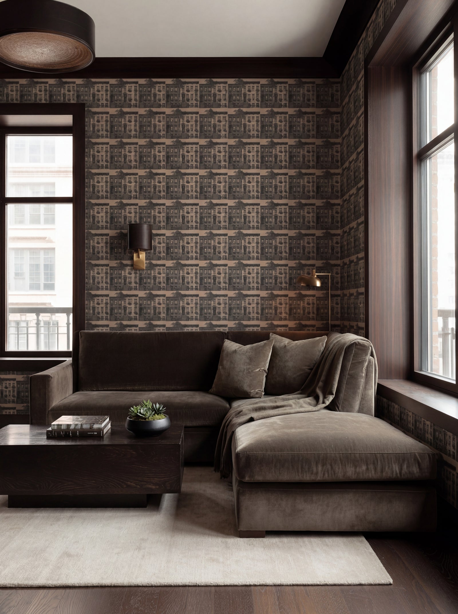 Detailed view of Greenwich Village wallpaper in the Capri colorway, showing the metropolitan design.