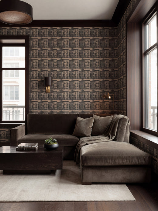 Detailed view of Greenwich Village wallpaper in the Capri colorway, showing the metropolitan design.