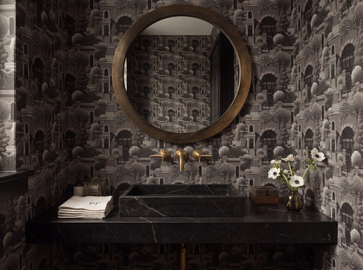 Uptown Scenic Wallpaper in Purple styled in an artistic bedroom