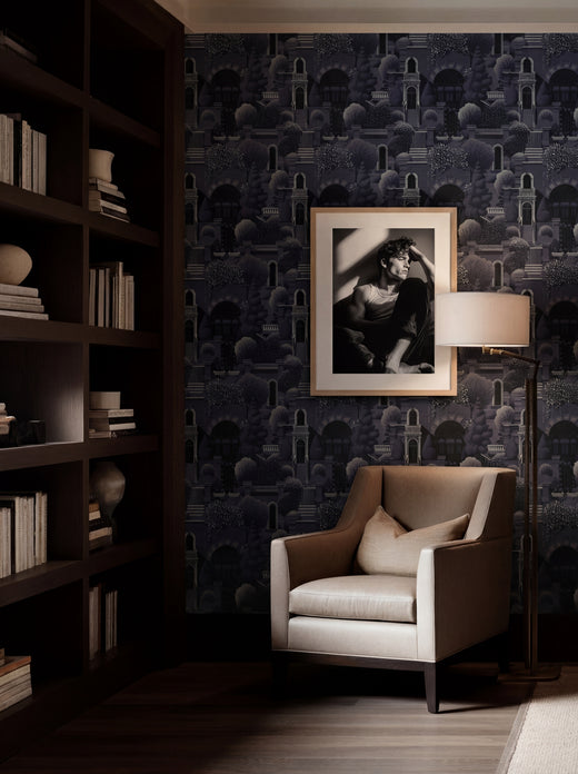 Scenic pre-war building pattern of Uptown Wallpaper in Sage